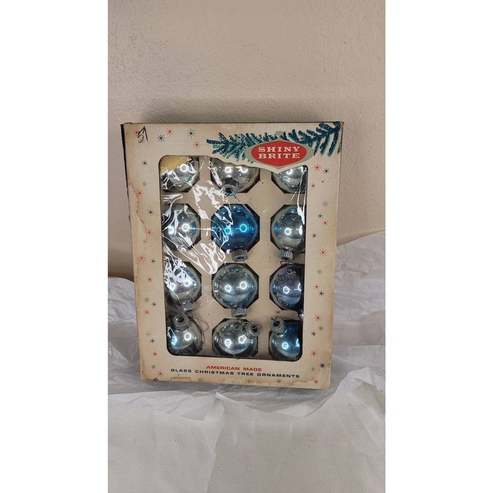 12 vintage Shiny Brite Christmas ornaments in box blue silver small;